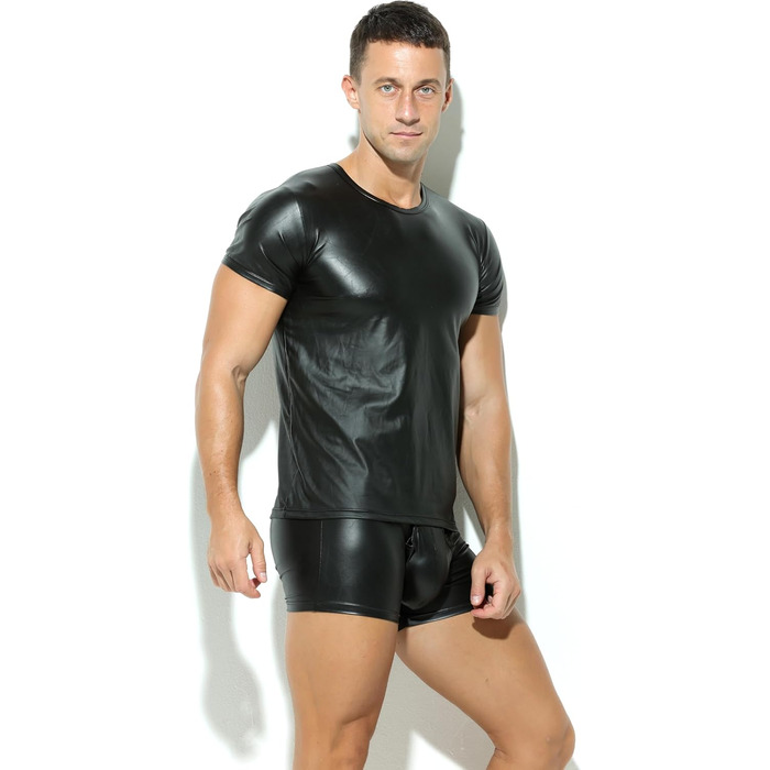 Чоловіча латексна футболка чорного кольору з ефектом шкіри. Футболка з короткими рукавами, під сорочку, для клубів, гудівер, скінхед, для відпочинку, літня мускульна майка, лак, шкіра, вініл, чорний колір