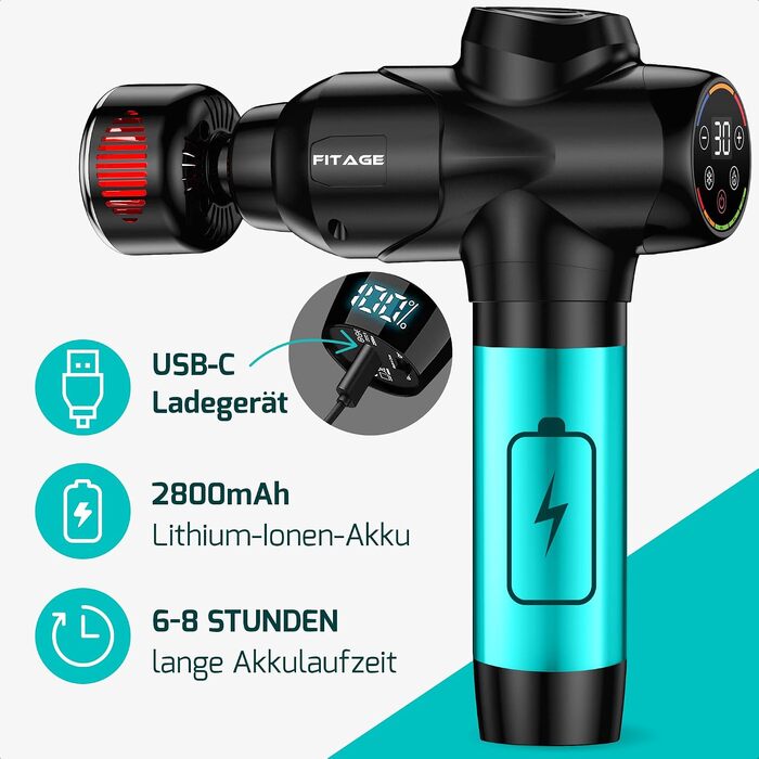 Перкусійний масажер FITAGE Massage Gun: безшумний електромасажер для тіла з 30 рівнями швидкості та 8 насадками для глибокого масажу м'язів, спини та плечей, чорний