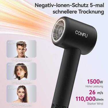 Високошвидкісний фен для волосся CONFU 1500W з дифузором, 110 000 об/хв, іонізацією та низьким рівнем шуму (70дБ), чорний