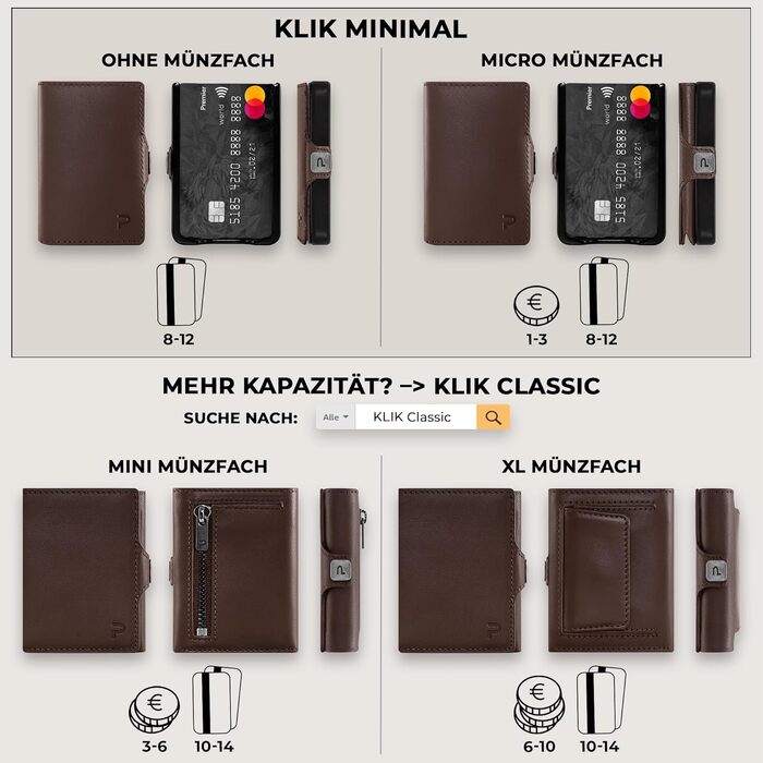 Шкіряний мінімалістичний гаманець KLIK Slim з монетницею та RFID захистом для чоловіків, темно-коричневий, на 10-12 карток