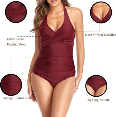Одноцільний купальник Daen Bauchweg для схуднення з V-подібним вирізом, знімними вкладами для контролю живота, спортивний купальник з відкритою спиною (L, Бордовий)