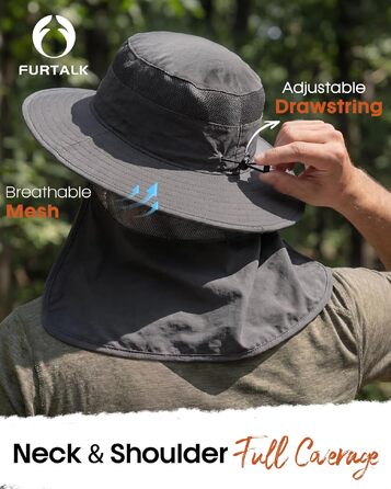 Сонцезахисний капелюх FURTALK для жінок та чоловіків з захистом шиї UPF 80, дихаючий outdoor-капелюх для рибальства та походів, темно-сірий, один розмір