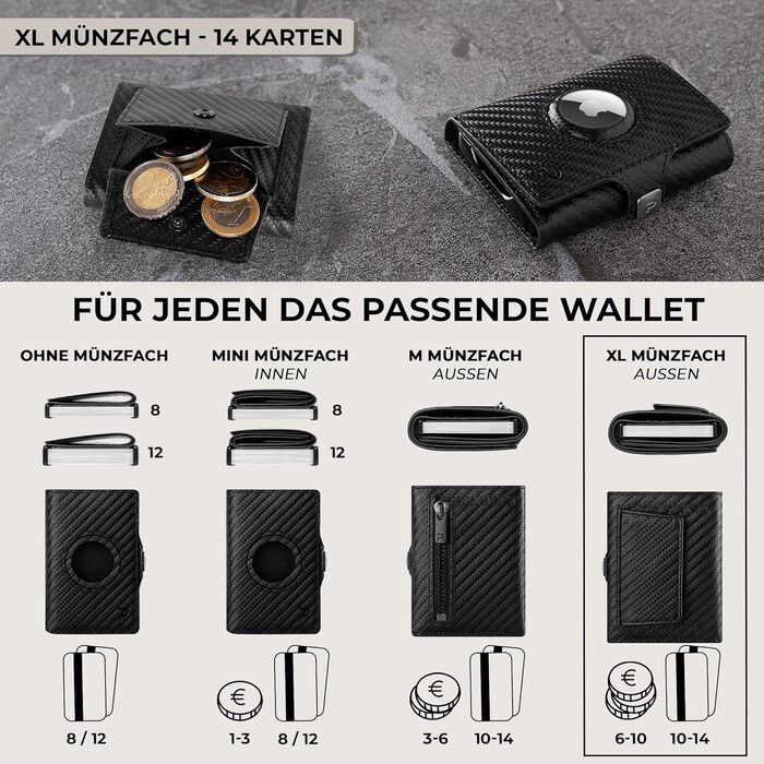 Мінімалістичний тонкий гаманець KLIK з монетницею та RFID захистом для чоловіків, натуральна шкіра, Carbon (AirTag XL)