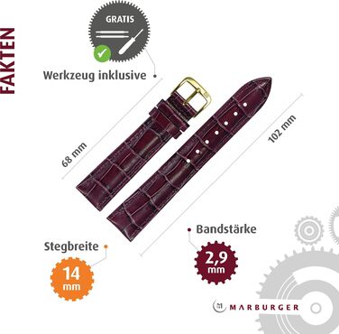 Шкіряний ремінець для годинника MARBURGER 14мм для жінок, тиснення під крокодила, фіолетовий/золотий, з набором інструментів для монтажу