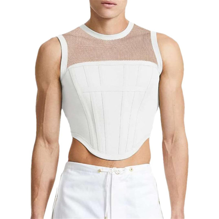 Чоловічі майки-топи з нашивками, стиль Streetwear, прозорі жилетки, сексуальний образ для вечірок та клубів, кроп-топи (XL, білий/Оксамитовий сад)