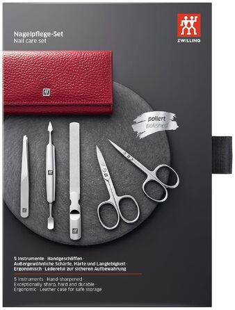 Манікюрний набір ZWILLING Premium Edition (5 предметів) для догляду за нігтями та педикюру, полірована нержавіююча сталь, шкіряний футляр (Червоний)