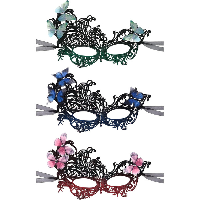 Набір з 3 шт. Венеціанська маска з мереживом та метеликами, оздоблена стразами. Ідеально для карнавалу, Хелловіну, вечірки, маскараду. Стиль 1920-х, вінтаж, для жінок.