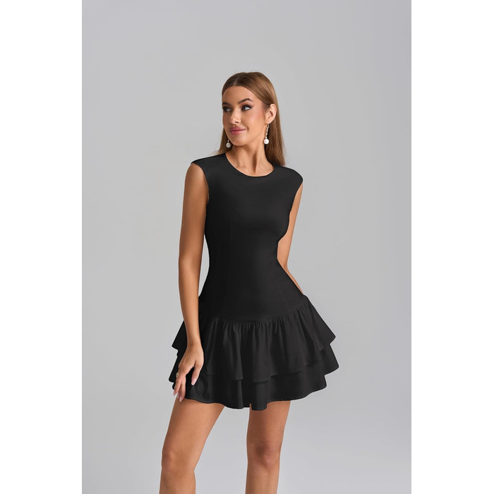 Чорна міні-сукня Parthea без рукавів з рюшами на подолі – Bodycon для вечірок, клубів та випускних