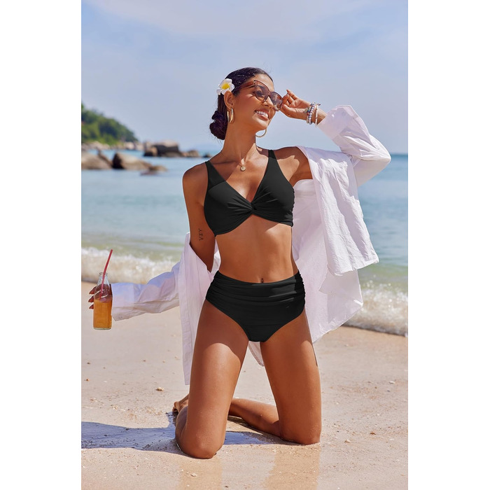 Бікіні Ecouaer для жінок: комплект з високою талією, корегуючий животик, push-up, чорний, S-XXL