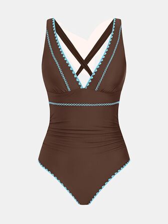 CUPSHE купальник цілісний з V-подібним вирізом, з драпіруванням, регульовані бретелі, перехресні зав'язки, коричневий petrol (XS)