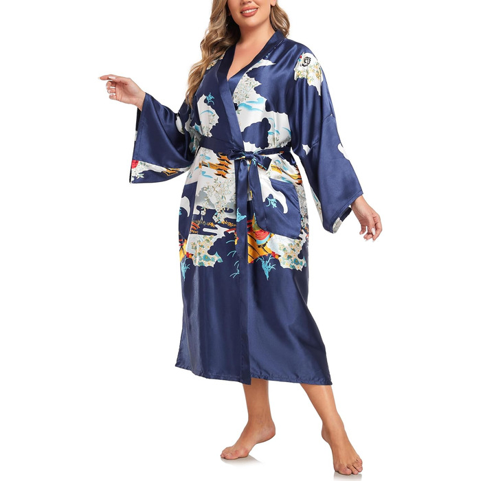 Кимоно халат для жінок, великі розміри, сатин, легкий, японський, плюс сайз, халат-юката (Pagode Kriegsmarine, 3XL)