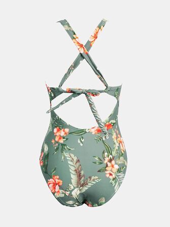 Купальник CUPSHE з V-подібним вирізом, корегуючими складками та глибоким вирізом на спині, одноцільний, оливковий/тропічний, для жінок