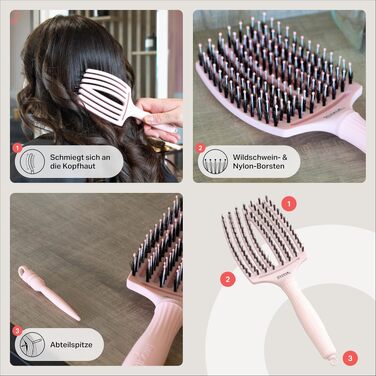 Щітка для волосся Olivia Garden Fingerbrush Care Iconic з щетиною кабана та нейлоном для гладкого стайлінгу та блиску, Large, Pastel Pink