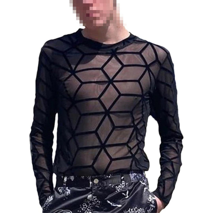 Чоловіча футболка Deepsko з сіткою, прозора, однотонна, з довгим рукавом