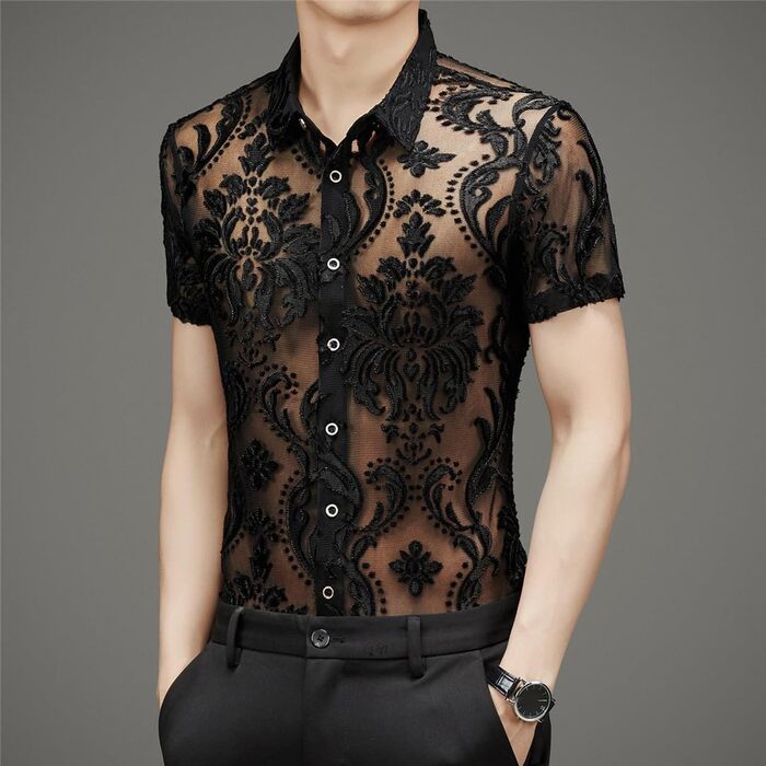 Чоловіча сорочка Yeuyyben чорна прозора з квітковим мереживом, сітка, короткі рукави, розмір XL
