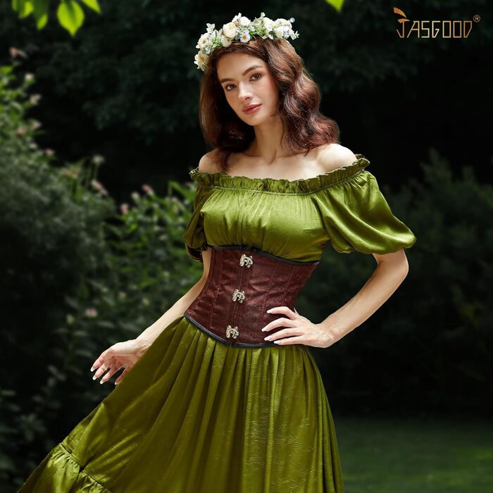 Корсет-топ JasGood Daen з підтримкою грудей, готичний вінтажний корсет, бюстєль, корсетне оздоблення на шнурівці, для костюмів на Хелловін (кававий жаккард, розмір M)