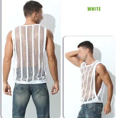 Чоловіча майка з сіткою та смугами, прозора, без рукавів, з вирізами, сітка, зелена (L, білий)