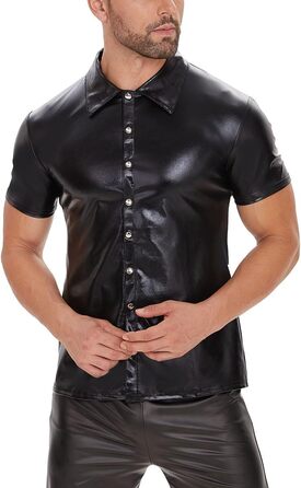 Чоловіча сорочка з лакованої шкіри Xokesy, коротка, чорна, з м'якої шкіри, з ревезом, для клубів, еластична, з кнопками