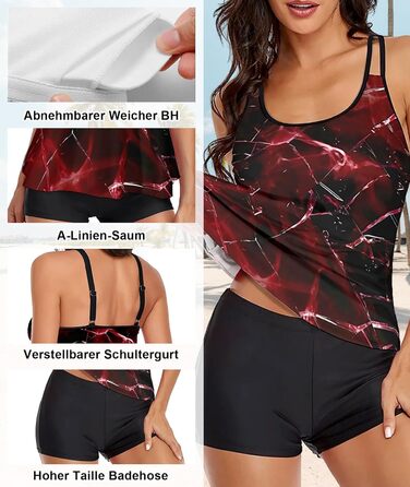 Танкіні жіночий купальник з шортами, комплект з двох частин, літній, чорний, червоний (S)