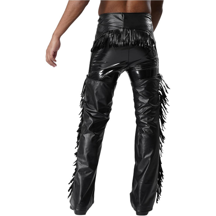 Костюм ковбоя з еластичної шкіри TTAO для чоловіків: штани з відкритим кроком, з бахромою та пряжкою, чорного кольору