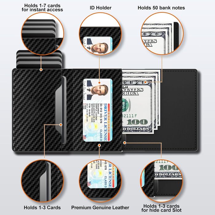 Чоловічий картхолдер dwnkove Slim Wallet з RFID-захистом, відділенням для монет та вікном для ID, смарт-гаманець Pop-Up з карбоновим дизайном, чорний