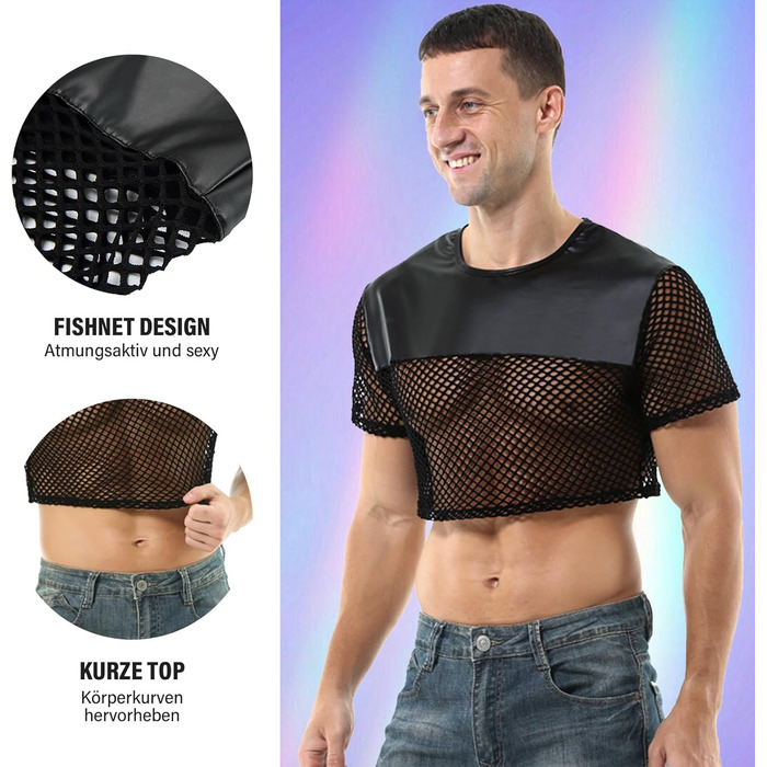Чоловіча сітчаста сорочка з прозорим екошкіряним вставками, відкритий живіт, футболка з короткими рукавами, чорна, розмір M