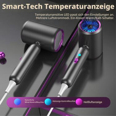 Компактний дорожній фен для волосся з дифузором, складаний, 180 000 об/хв, 3 температурні режими, іонізація та технологія синього світла