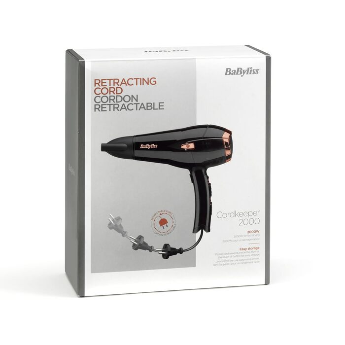 Фен для волосся BaByliss Cordkeeper D373E з автоматичним змотуванням кабелю, 2000Вт, іонізація Anti-Frizz, 3 температурних та 2 режиму швидкості, чорний