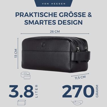 Шкіряна косметичка для подорожей VON HEESEN — універсальна сумка для аксесуарів та гігієни з 2-ма відділеннями, натуральна шкіра, чорна, великий розмір