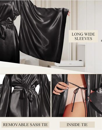 Жіночий халат кімоно з довгим рукавом з шовку, атласний халат для вечірки, весілля, нічної сорочки, домашнього одягу, великі розміри, чорний, L