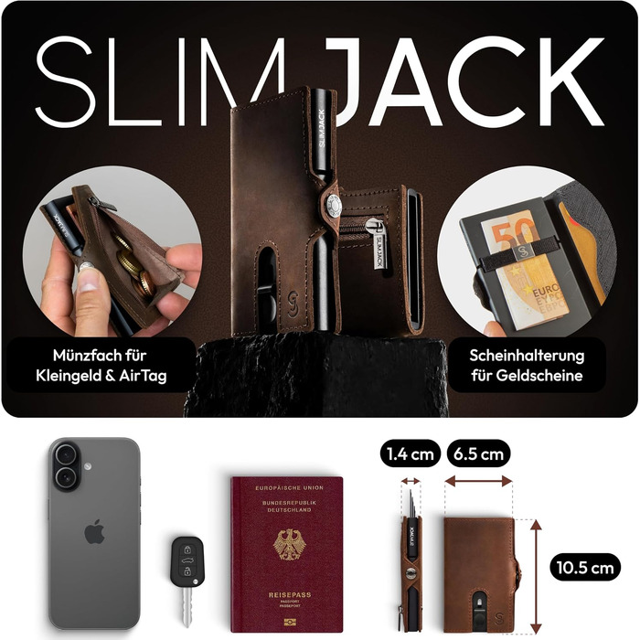 Чоловічий смарт-гаманець SLIMJACK з монетницею та RFID-захистом, шкіряний тримач для кредитних карток з алюмінієвим корпусом, темно-коричневий