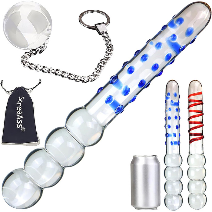 Скляний анальний дildo ScreaAss 28 см з кулями та ланцюгом, G-spot, для чоловіків та жінок, червоний/блакитний комплект