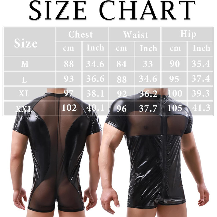 Чоловічий боді QiaTi з короткими шортами, блискавкою та штучною шкірою, з двома кишенями, чорний (M)