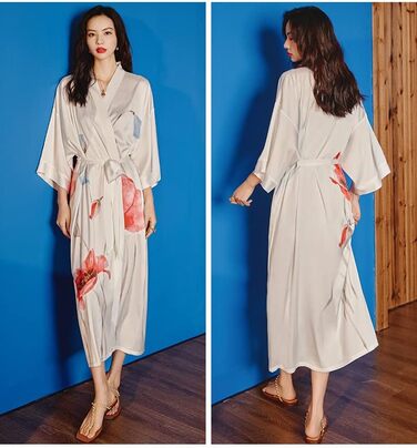 Халат жіночий атласний максі довгий, шовковий кімоно, сукня з квітковим принтом, легкий халат, літня роба, піжама для дівчат, вечірній халат, універсальний розмір, білий