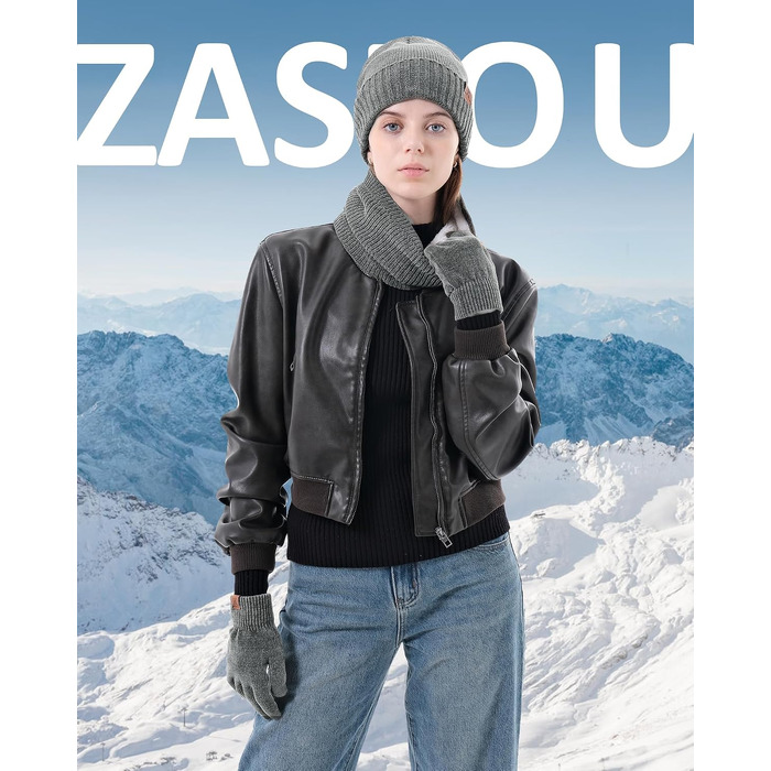Зимовий подарунковий набір ZASFOU: тепла шапка-біні, шарф-хомут та сенсорні рукавички з термо-ченіллю, темно-сірий, унісекс