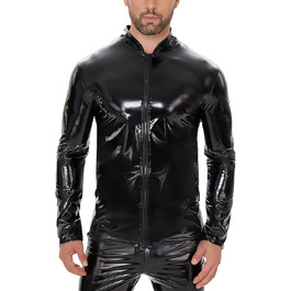 Чоловіча куртка з латексу/штучної шкіри Ausing: сексуальний мокрий ефект, slim fit, з блискавкою, для вечірок, танців, рейв, чорний, XL