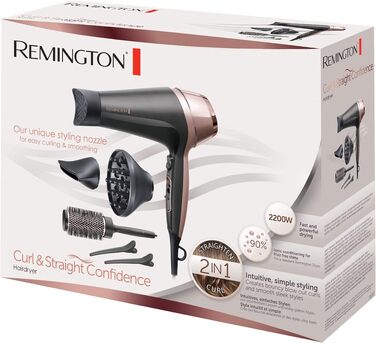 Фен для волосся Remington Curl & Straight D5707 з іонізацією, 2200 Вт, набір для стайлінгу (дифузор, конічна насадка, кругла щітка 45 мм)