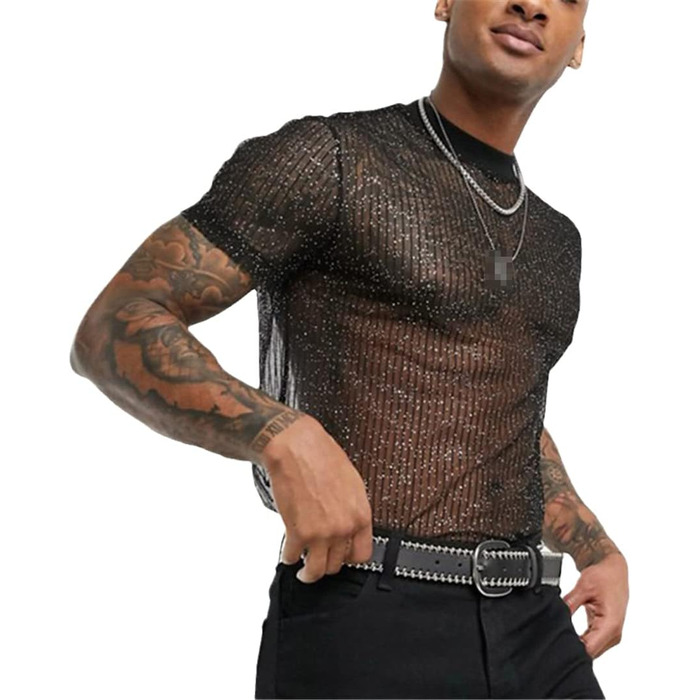 Чоловіча футболка з паєтками, мереживо, прозора, чорна - для вечірок та клубів