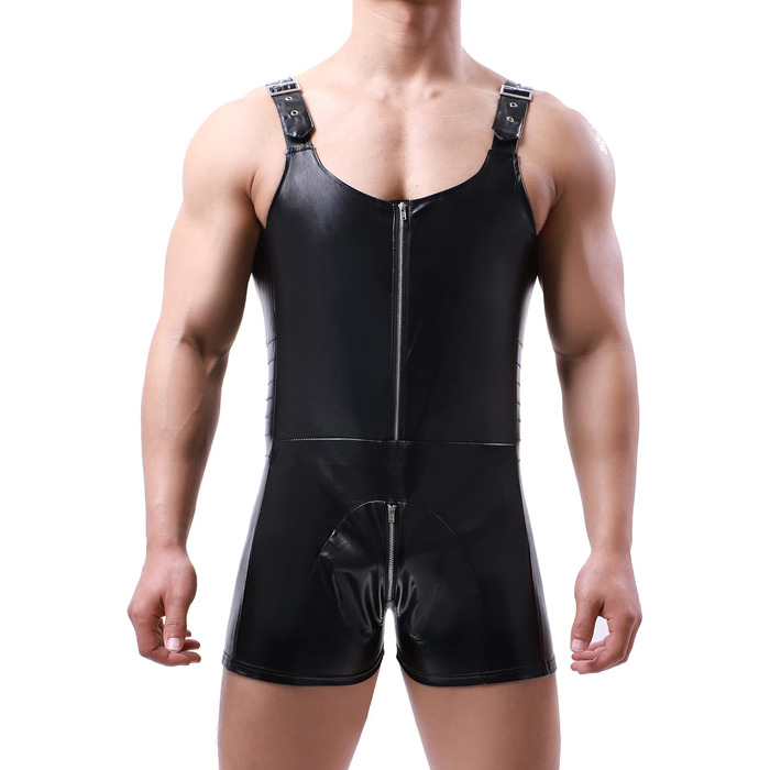 Чоловічі шорти QiaTi без рукавів, лосини на блискавці з екошкіри, боді з 2 кишенями, для повсякденного та клубного стилю, чорний, XL