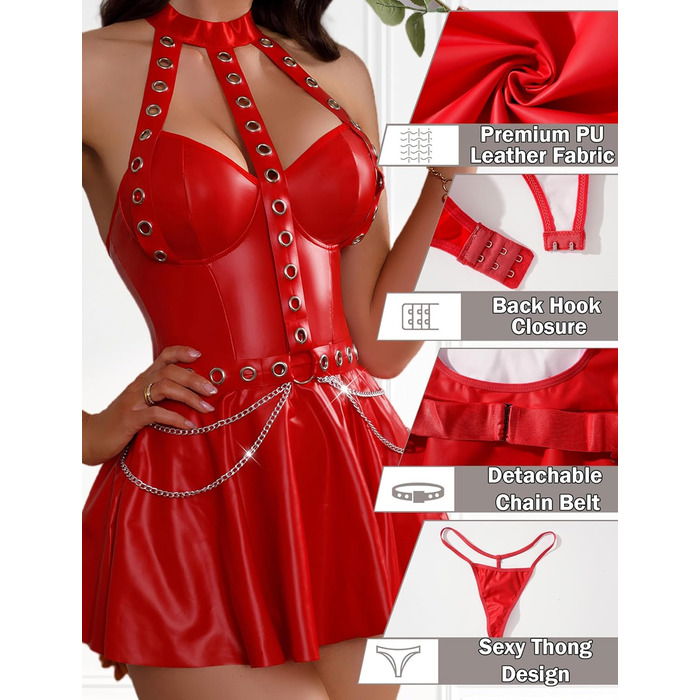 Латексне плаття AIEOE для жінок з відкритим спиною, сукня-бабочка, комплект спідньої білизни, мокрий ефект, еротичне шкіряне плаття (червоний, XL)