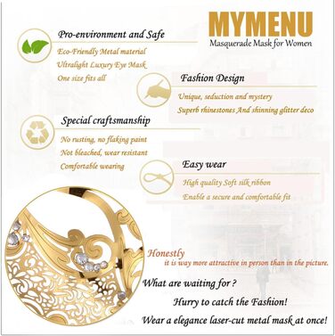 Маска для обличчя MYMENU для пар, жінок, металева, з стразами, венеціанська, для вечірок, весілля, балу (Золотий Фенікс + Чорне мереживо)