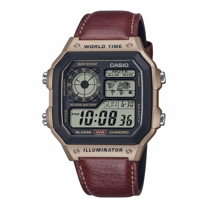 Чоловічий цифровий годинник Casio AE-1200WHL-5AVEF зі світовим часом та шкіряним ремінцем