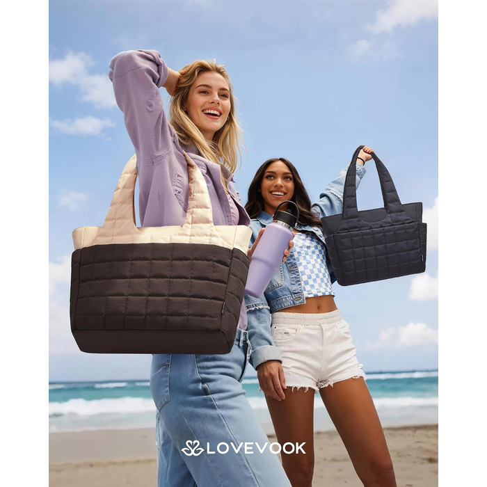 Жіноча сумка-шопер LOVEVOOK Puffer для ноутбука 15.6 дюймів, легка робоча сумка через плече з відділенням для пляшки води для офісу, навчання та подорожей (Khaki/Light Brown, M)