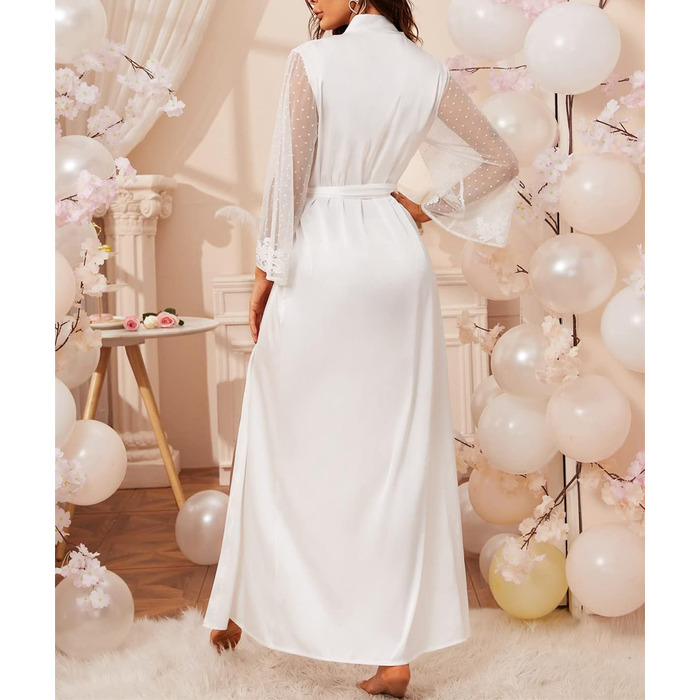 Шовковий халат-кімоно Lang Satin Sexy для жінок: елегантний халат з мереживом та паєтками для вечірки, весілля, нареченої або дружки. Довгі рукави, Patchwork, ніжні кольори.