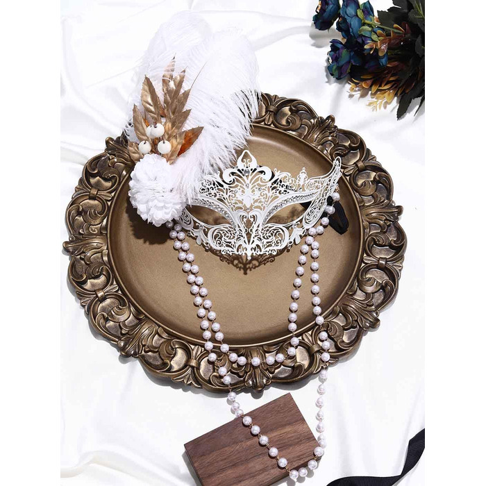 Маска для жінок IYOU, біла, з пір'ям та перловим намистом, для карнавалу, вечірки, балу