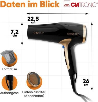 Фен для волосся Clatronic HT 3661, 2200 Вт, з іонізацією, 3 режими роботи, поворотний насадок-дифузор 360° та функцією холодного обдуву