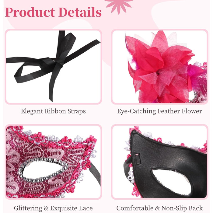 Маски для обличчя для пар з пір'ям та стразами, напівмаска, стрічки для свят та вечірок, 32 шт.