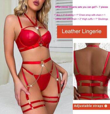 Сексуальний комплект Daen Dessous: 7 частин (стріп-гурт, бюстгальтер з кісточками, трусики, знімна ланцюжок, наручники для стегон, панчохи). Червоний, XXL