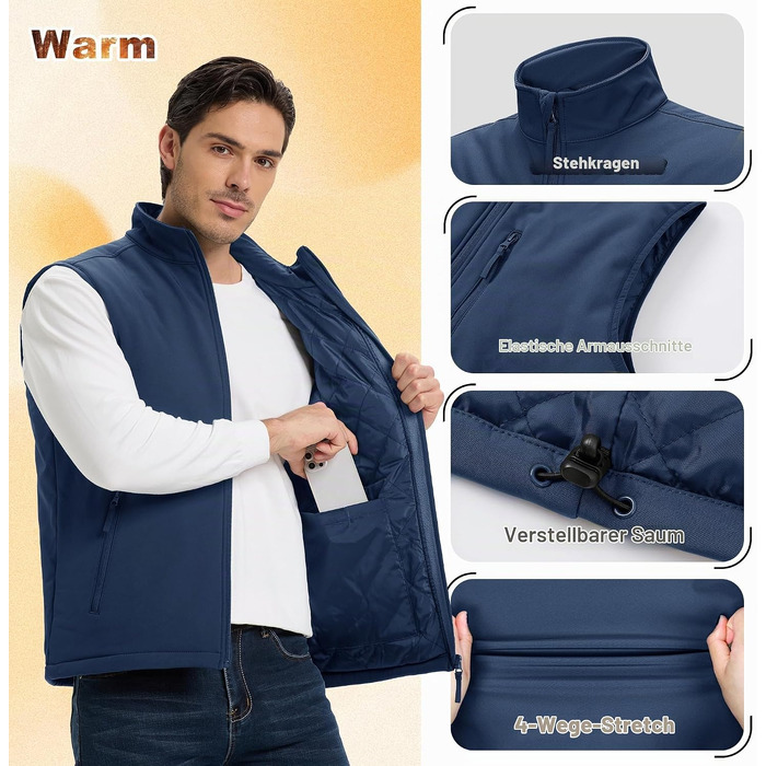 Чоловічий жилет Outdoor Ventures Softshell з утепленням: водовідштовхуючий, вітрозахисний та дихаючий жилет для їзди на велосипеді, бігу та походів (Синій, 3XL)