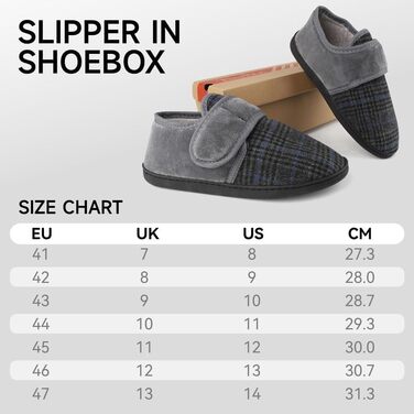 Чоловічі теплі домашні капці TIESTRA для літніх людей з Memory Foam, широка стопа, флісові тальпочки з липучкою (41 EU, сірі в смужку)